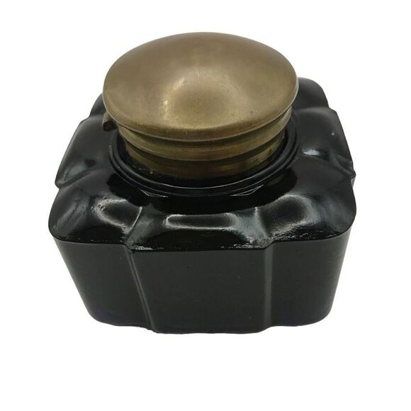 Antique Cobalt Glass Inkwell Square With Brass Hinged Lid - Picture 2 of 12